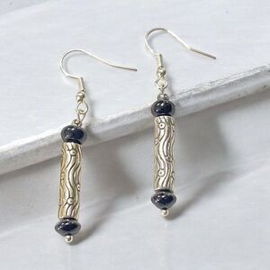 BRIGHTON Etched Silver Long Cylinder Wire Earrings with Black Beads